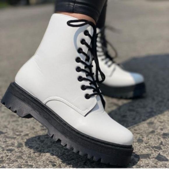 White Vegan Leather Lace Up Combat Boots - Picture 2 of 11